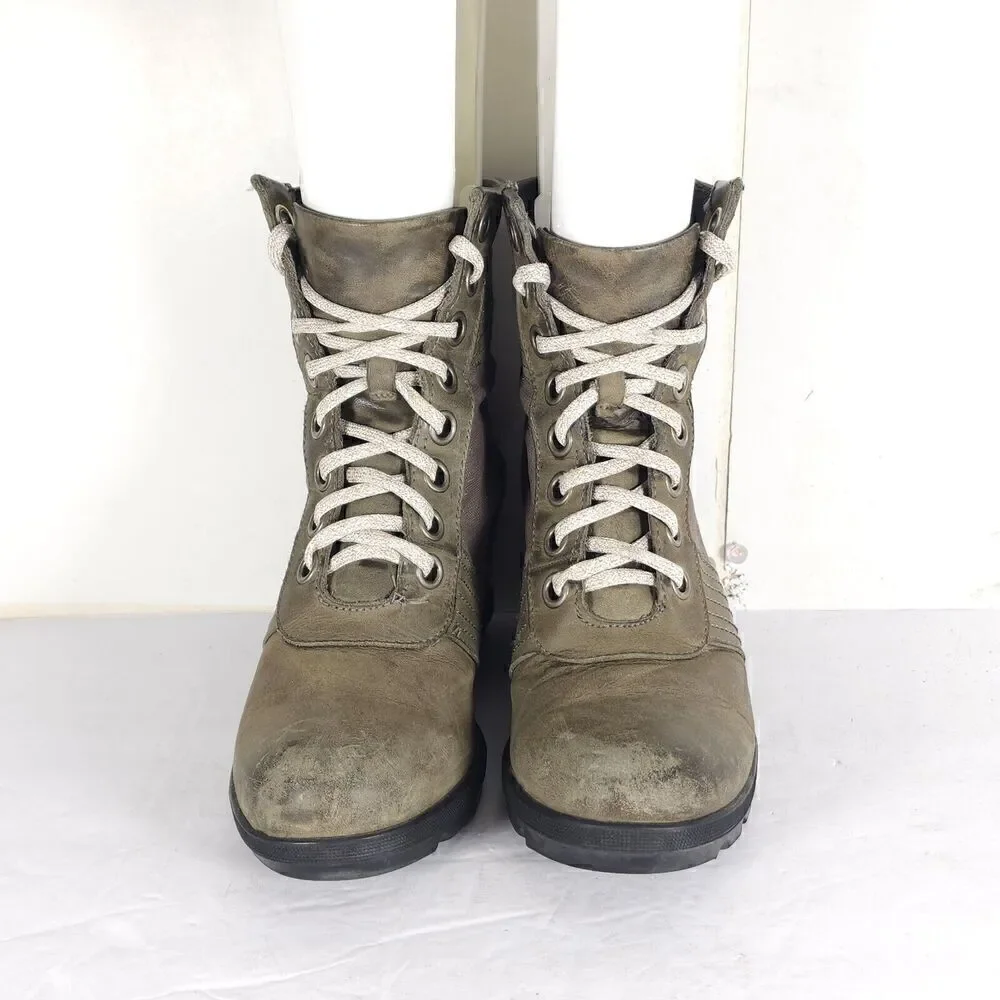 Sorel Womens Lexie US7 Gray Distressed Leather Canvas Lace Up Wedge Ankle Boots